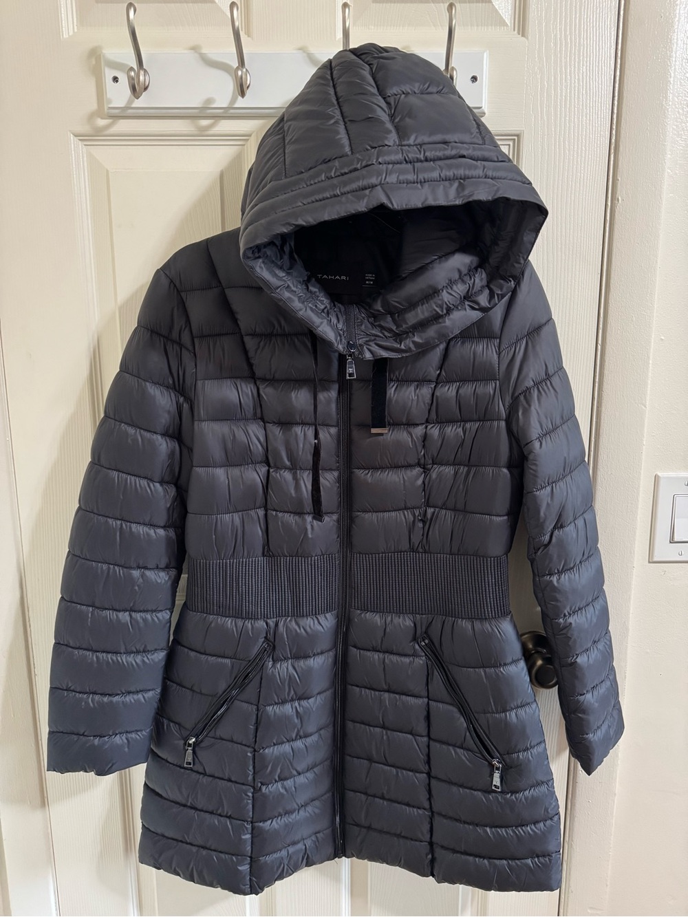 Tahari Hooded Quilted Puffer Coat in Charcoal